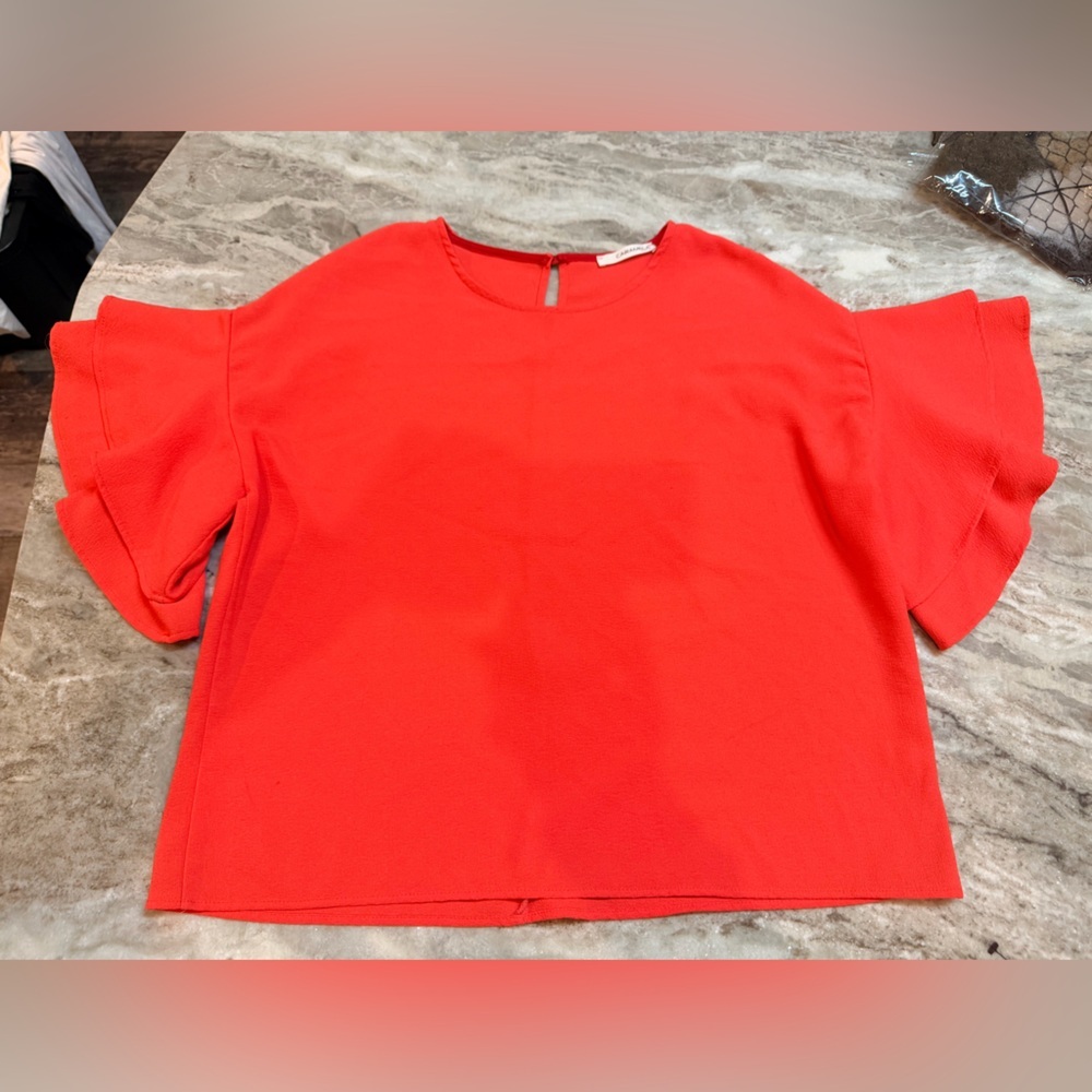 Caramela Medium Red Ruffle Sleeve Textured Top Made in USA